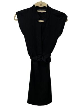 Banana Republic black merino wool collarless cap sleeve self tying belt dress XS